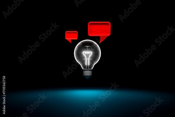 Fototapeta A glowing light bulb with a speech bubble symbolizes leadership, innovative ideas, and communication.