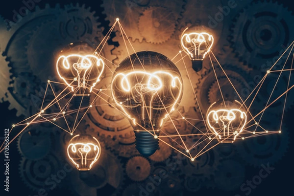 Fototapeta A glowing light bulb at the center surrounded by gears and connected by lines represents inspiration, ideas, innovative technology, and interconnected networks.
