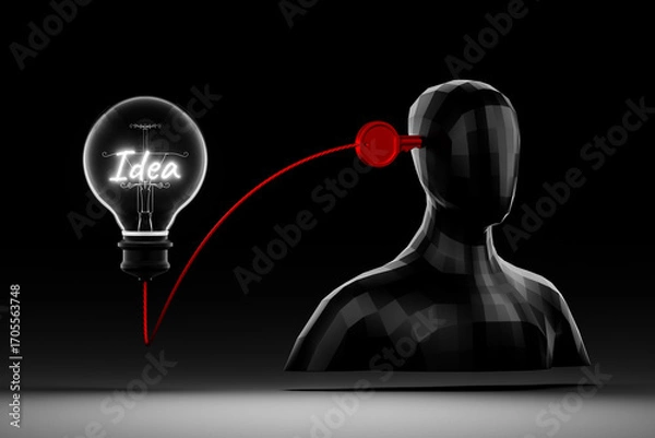 Fototapeta A glowing light bulb with "idea" at its center, connected by lines to a key and a human model, represents unlocking thoughts, imagination, and learning.