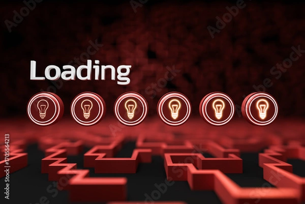 Fototapeta A button with a light bulb symbol that lights up step-by-step, with "loading" at the top, represents progression, inspiration, business, and ideas.
