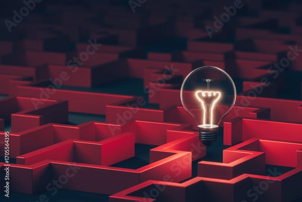 Fototapeta A glowing light bulb atop a maze represents leadership, inspiration, ideas, problem-solving, and victory.
