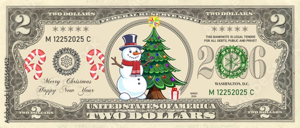 Fototapeta Cartoon comical game holiday banknote, denomination of 2 US dollars. Obverse. Toon snowman in top hat and scarf, spruce. Merry Christmas and Happy New Year. 2026. Illustration