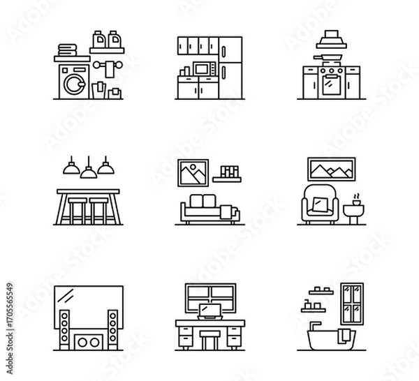 Fototapeta Set of Home And Living icon, Kitchen and dining room, study room and living room thin line and pixel Symbol Outline icon Editable Stroke