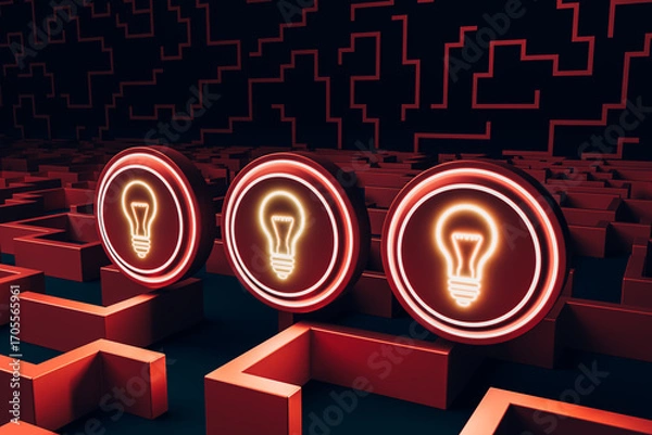 Fototapeta A button with a light bulb symbol that lights up step-by-step represents progression, inspiration, business, and ideas.