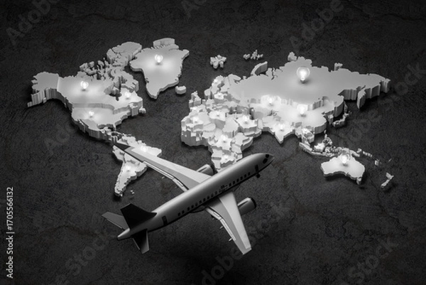 Fototapeta Multiple glowing light bulbs on a world map in each country, with an airplane flying above, represent teamwork, network, communication, planning, leadership, and inspiration.