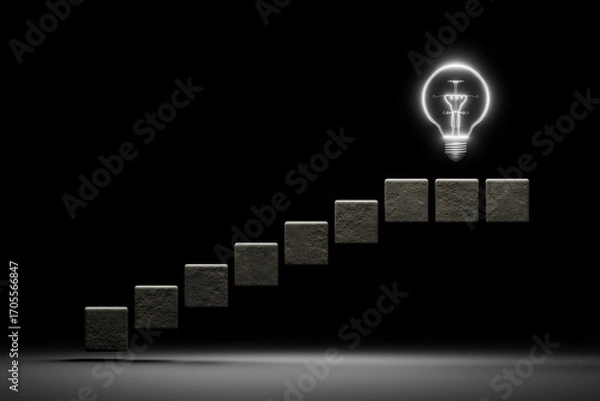 Fototapeta A glowing light bulb at the top with ascending stairs represents self-improvement, critical thinking, learning, strategic planning, and achieving success.