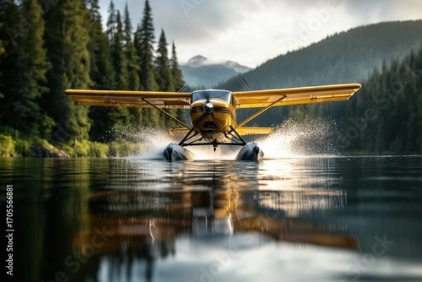 Fototapeta Yellow seaplane splashes on calm lake surrounded by dense pine forest and distant mountains under cloudy sky, creating dynamic and adventurous scene
