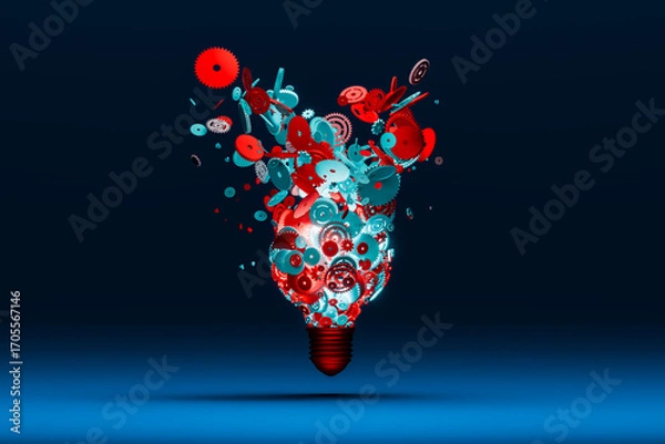 Fototapeta Gears forming a light bulb shape exploding represents an explosion of thoughts, ideas, and inspiration.