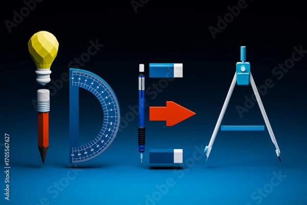 Fototapeta A light bulb, pencil, semicircle, eraser, and compass arranged to spell "idea" represents learning, school, education, and knowledge.