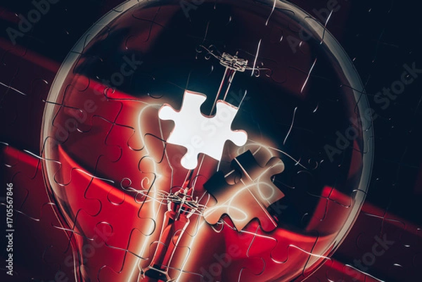 Fototapeta A jigsaw puzzle shaped like a light bulb with one missing piece represents ideas, what's missing, strategy, and teamwork.