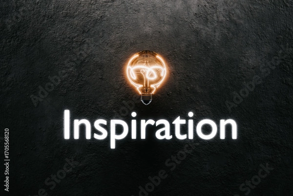 Fototapeta A glowing light bulb above the word "inspiration" represents motivation, planning, ideas, and goals.