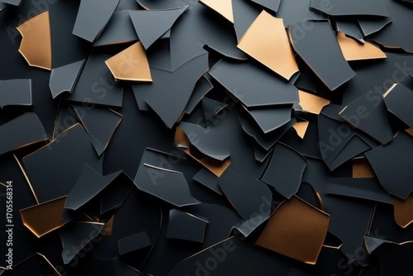 Fototapeta Abstract fragmented shapes in metallic gold and dark gray create dynamic and textured composition with sharp edges and layered overlapping pieces