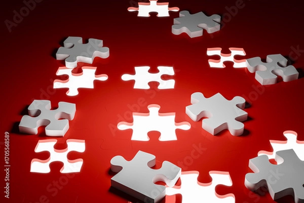 Fototapeta A single white jigsaw piece next to a completed puzzle with an empty space represents inspiration, ideas, planning, and a desired goal.