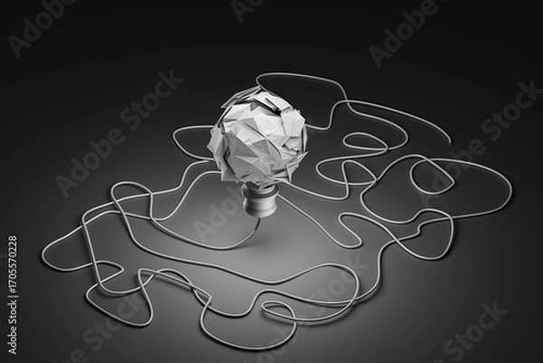 Fototapeta A paper crump light bulb at the center with complex, tangled wires represents challenging ideas, inspiration, problem-solving, and overcoming obstacles.