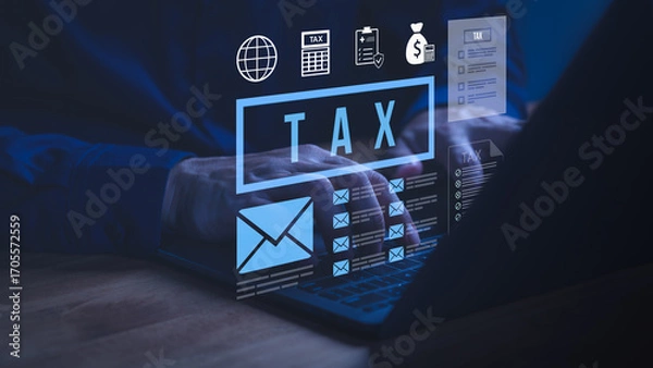 Fototapeta Person working on laptop computer with glowing tax icons, representing online tax filing, financial management, digital accounting, income reports, and modern business tax preparation solutions.