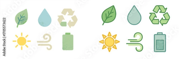 Fototapeta Eco friendly environmental sustainability and renewable energy resource with textured paper effect featuring leaf water drop recycle sun wind and battery