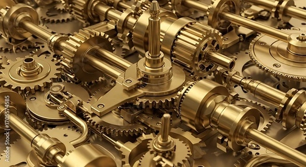Obraz Close-Up of Intricate Golden Mechanical Gears and Cogs
