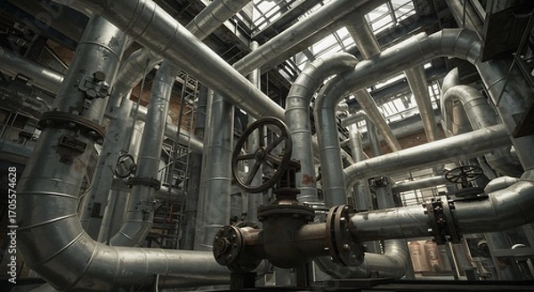 Obraz Low Angle View of a Boiler Room with Valves and Pipelines