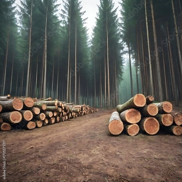Fototapeta Stack of freshly cut trees in a forest, deforestation concept.