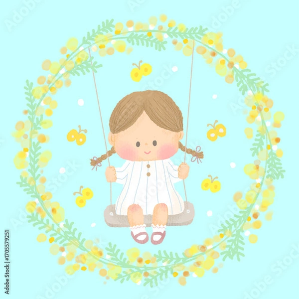 Obraz ミモザの花とブランコに乗るかわいい女の子のイラスト