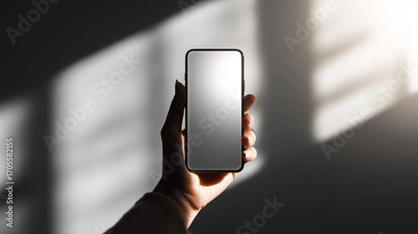 Fototapeta Hand holding smartphone with blank screen in dramatic shadow light