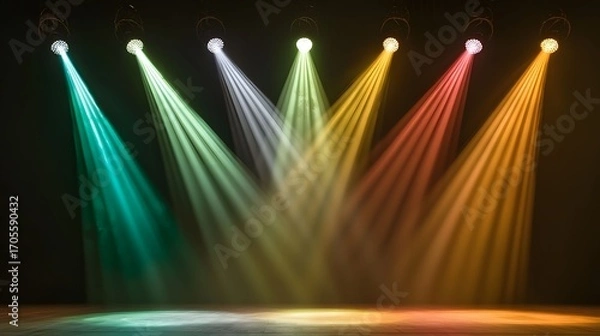 Obraz The image depicts a stage bathed in the glow of vibrant stage lights, casting beams of green, yellow, and orange across the wooden floor, creating a mesmerizing visual effect.