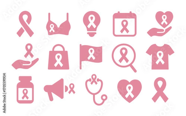 Fototapeta Vector icons set for Breast Cancer Awareness Month, including ribbons, hearts, etc. Perfect for social media, print, or web design. Pink October icons set.