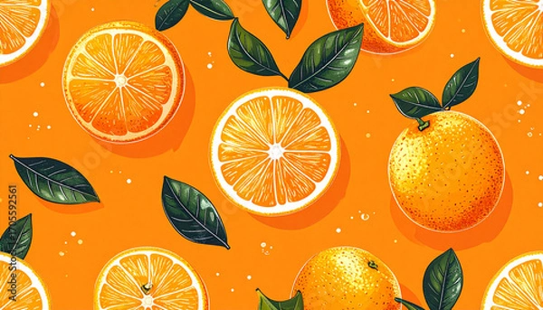 Fototapeta cute pattern of hand-drawn oranges with leaves