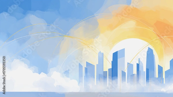 Obraz Twilight a city of modern business and smart digital innovation with a network of interconnected rewards over the cityscape of the future smart wireless digital city and social media network