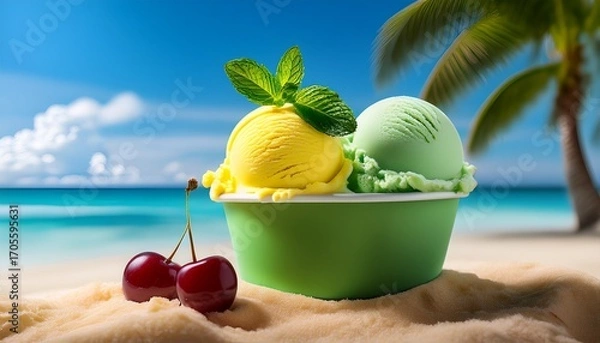 Fototapeta Advertising Photo Of Ice Cream In A Cup On A Tropical Beach With The Sea And Palm Trees In The Background Two Scoops Of Yellow Green Ice Cream With Cherries Inside And Mint Leaves