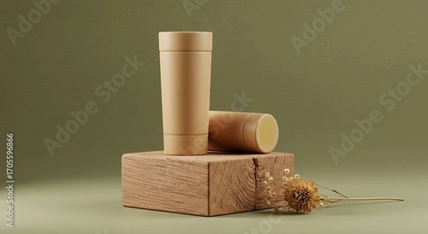 Fototapeta Tan Cardboard Tube Packaging Mockup on Rustic Wooden Block Display