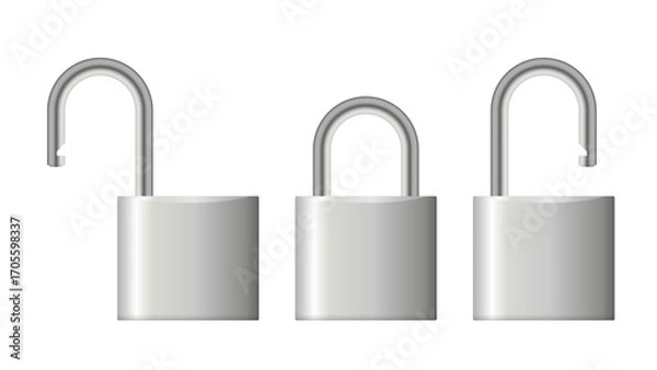 Fototapeta Metallic Padlock Set – Realistic 3D Silver Steel Locks with Shiny Effect, Open and Closed Chrome Padlocks Isolated on White Vector Illustration