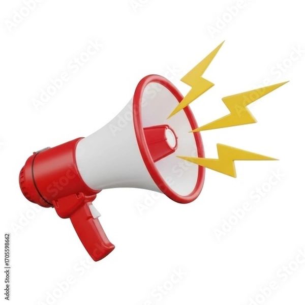 Fototapeta Red and white megaphone with yellow lightning bolts isolated on white background