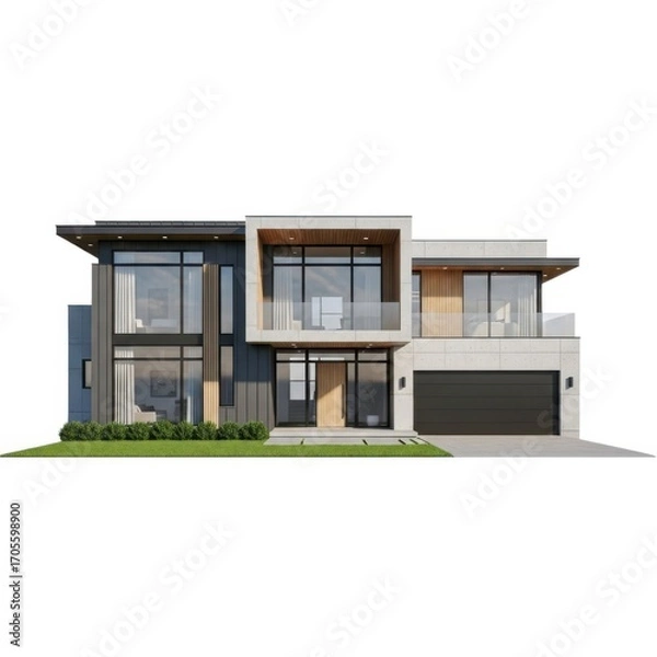 Fototapeta Modern luxury two story house with large windows isolated on white background