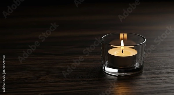 Fototapeta Small Candle Burning in Clear Glass on Dark Wood Surface