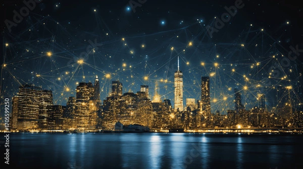Obraz Twilight a city of modern business and smart digital innovation with a network of interconnected rewards over the cityscape of the future smart wireless digital city and social media network