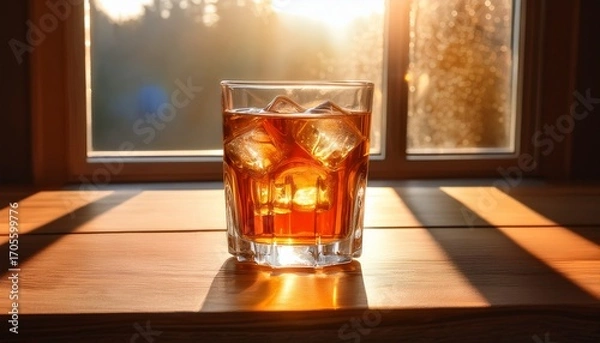 Fototapeta A Glass Of Amber Liquid With Ice Cubes On A Wooden Table Illuminated By Warm Sunlight Through A Window Creating Soft Shadows And A Calm Atmosphere