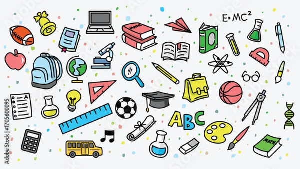 Obraz Back to school doodle art line vector isolated background pattern