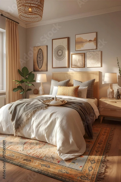 Fototapeta Serene bedroom sanctuary bathed in warm sunlight, featuring a comfortable bed with soft textiles and natural decor.