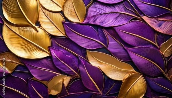 Fototapeta A Close Up Of Vibrant Intricately Veined Leaves In Shades Of Purple And Gold