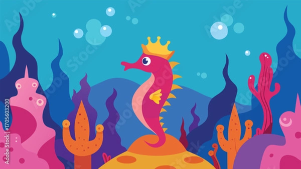 Obraz Magical underwater kingdom seahorse king crown coral reef ocean fantasy illustration vector