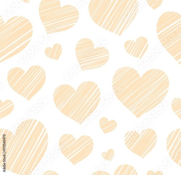 Fototapeta Cream heart, seamless background, monochrome, vector. Peach hearts drawn with a diagonal bar on a white field. Decorative pattern. 