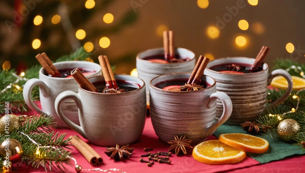 Fototapeta Christmas mulled wine in ceramic mugs with cinnamon, orange slices and star anise on festive table with pine branches and lights