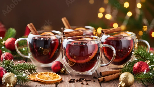 Fototapeta Christmas mulled wine with orange slices, cinnamon sticks and spices in transparent mugs on festive wooden table with glowing lights