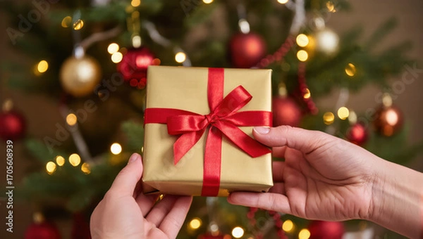 Fototapeta Christmas gift in gold wrapping with red ribbon being exchanged by hands in front of decorated tree with glowing lights