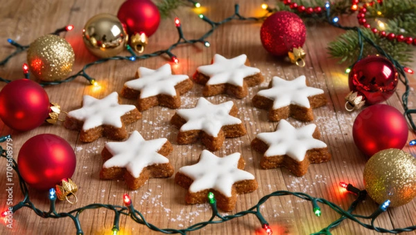Fototapeta Christmas star-shaped cookies with white icing on wooden table surrounded by ornaments and colorful lights