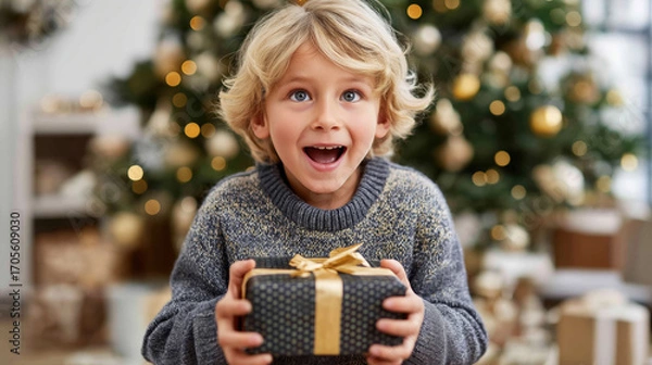 Fototapeta Christmas excited boy holding a wrapped gift with golden ribbon in front of decorated tree and glowing festive background