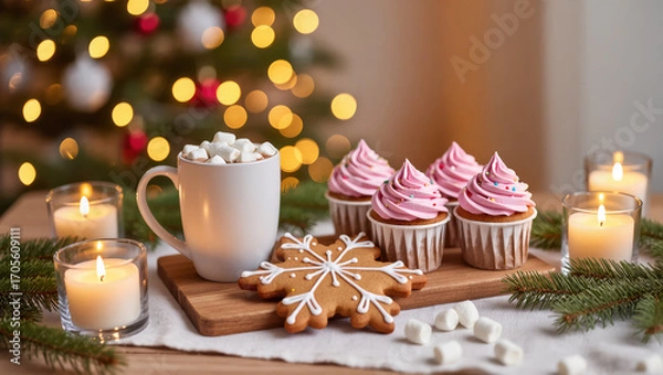 Fototapeta Christmas dessert table with cupcakes, hot chocolate with marshmallows and gingerbread cookie, cozy festive setup with candles and tree lights