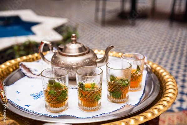 Obraz Traditional mint tea in Morocco served in teapot