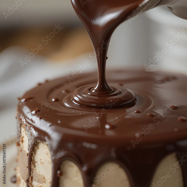 Fototapeta close up of chocolate cake with dripping chocolate 